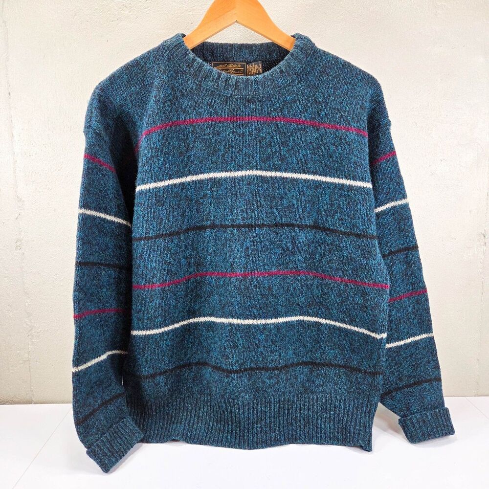 Vintage 80s Eddie Bauer Teal Blue Striped Crewneck Knit Sweater Sz M